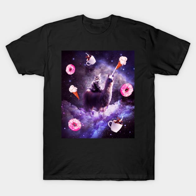 Outer Space Cat Riding Llama Unicorn - Donut T-Shirt by Random Galaxy